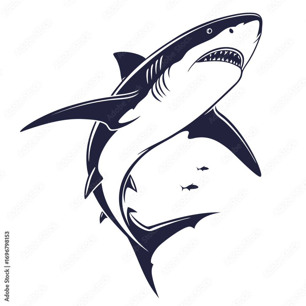 Naklejka premium Aggressive Great White Shark Leaping from Water with Small Fish Illustration vector