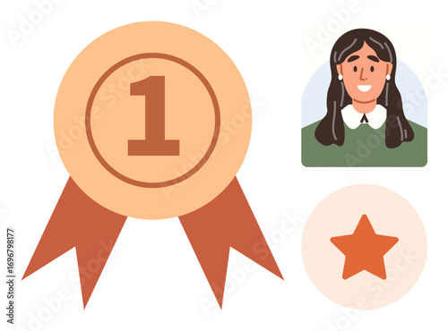 Large award badge with number one, smiling woman portrait, and star symbol. Ideal for achievement, award, success, recognition, celebration motivation excellence personal growth or goals. Simple