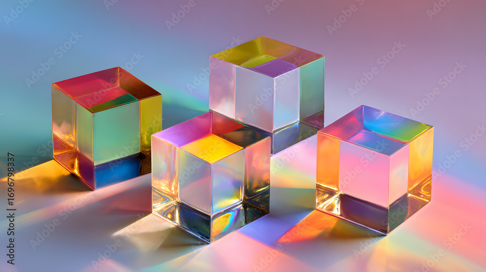 Fototapeta premium Four colorful transparent cubes casting vibrant reflections and shadows on a soft gradient background.