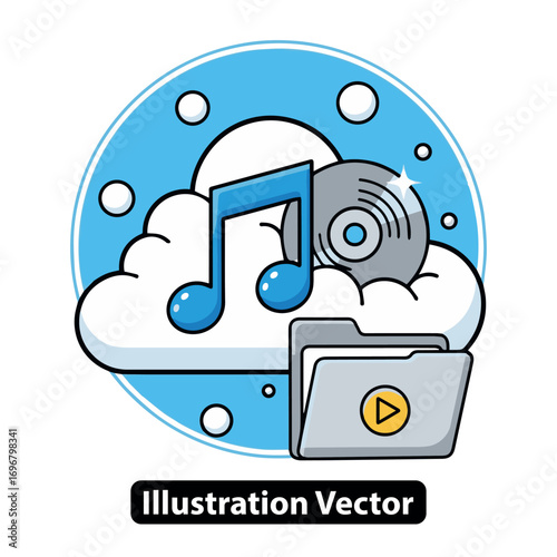 Cloud music storage and playback vector illustration with audio player and musical notes