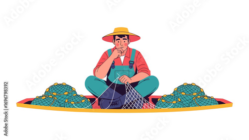 Fisherman's Contemplation: A thoughtful fisherman sits in his boat amidst a bountiful harvest, repairing his net and contemplating the day's catch, a symbol of labor and reflection.