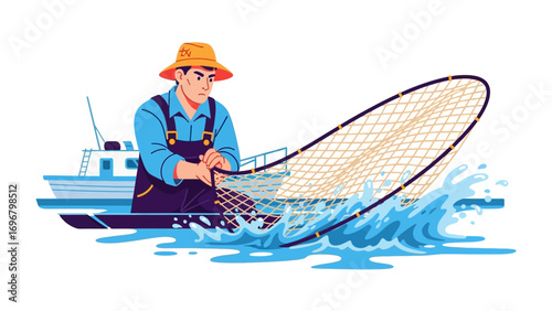 The Fisherman: An illustration of a dedicated fisherman, skillfully casting his net into the ocean, capturing the essence of hard work, dedication and the thrill of the catch.