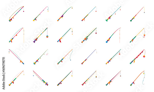 Colorful Travel and Adventure Icon Set – Cruise Ship, Fishing Rod, Gas Station Pump, Ice Skating Boot, Tropical Island, Mountain Landscape, Map Location Pin, Jeep Car, Skiing, Surfboard, Direction Sig