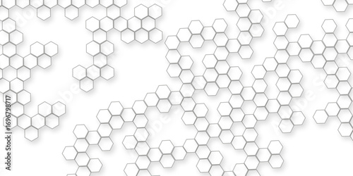modern abstract background with various hexagon, A pattern of white hexagon shapes arranged subtle shadows that create a three-dimensional,  the geometric repetition and depth of the hexagonal grid.