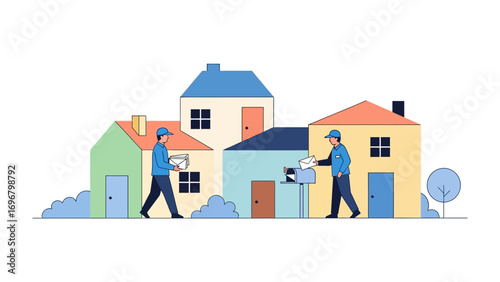 Mail Delivery Illustration: Two postal workers in blue uniforms are diligently delivering letters and parcels among quaint houses.