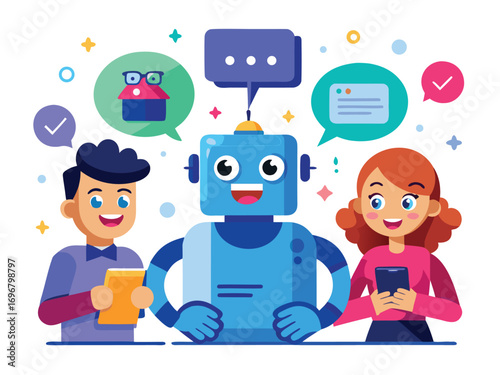 Friendly AI Robot with People Chatting Illustration