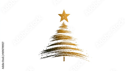 Elegant 3D gold Christmas tree logo with minimalist lines and star, featuring golden brush strokes on a clean white backdrop, perfect for holiday branding