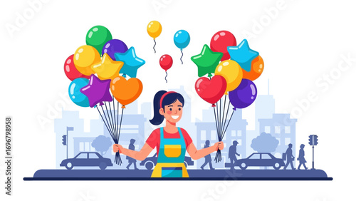 Balloons Delight: A smiling street vendor, surrounded by vibrant balloons, embodies happiness and celebration in a colorful city setting.