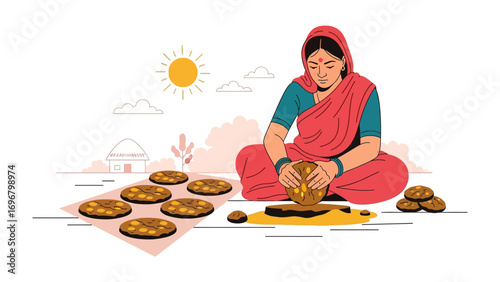Craftswoman at Work: An Indian woman, cloaked in a vibrant red sari, meticulously molds and shapes earthen items with skilled hands.