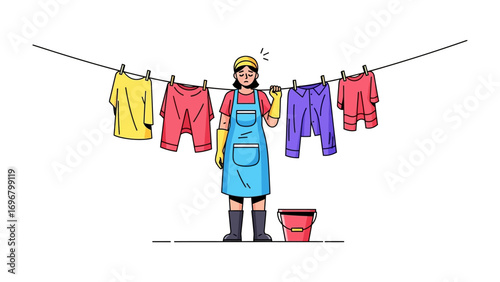 Laundry Day: A vibrant cartoon illustrates a person diligently hanging laundry, bringing a sense of everyday life and domestic simplicity. 