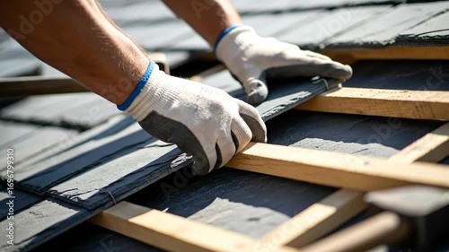 Roofer working on house installation. Man installs slate roof tile with wood frame. Construction and repair footage.