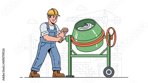 Construction Worker and Concrete Mixer: An illustration features a construction worker diligently operating a concrete mixer at a construction site, representing labor and building