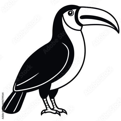 Black and white graphic of a toucan bird with a prominent beak on a white background illustration