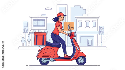 Speedy Delivery: A cheerful individual, perched on a vibrant scooter, expertly navigates the city streets, delivering a package with precision and swiftness. Witnessing urban hustle!