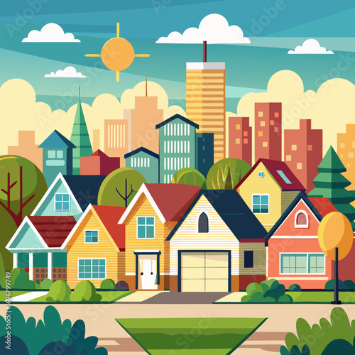 Charming suburban neighborhood vector illustration with colorful houses trees and city skyline