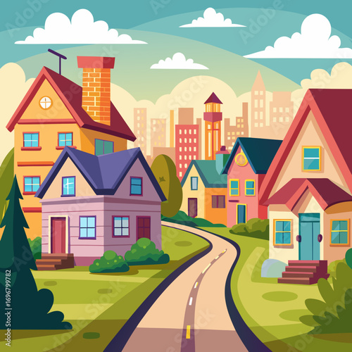Colorful row of charming houses on a street vector illustration for real estate and urban design
