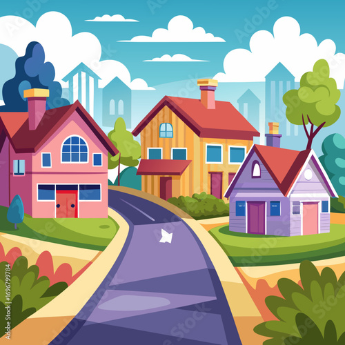 Charming suburban neighborhood vector illustration with colorful houses and scenic road