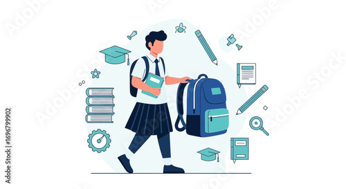 Student Walking To School With Books And Backpack, Educational Illustration Design