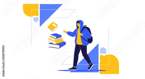 Student With Backpack Approaching Books Education Icon Illustration Isolated On White Background