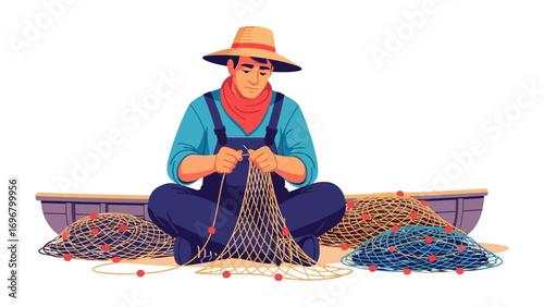 Artisan's Craft: An artist meticulously repairs a fishing net, a classic illustration of dedication and skilled labor.