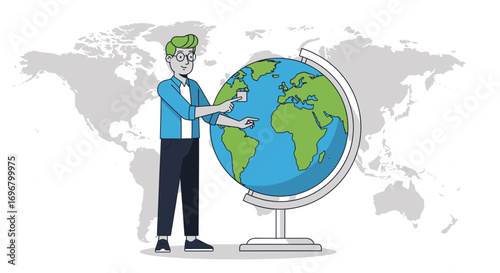 Studious Individual Pointing At Globe Presenting Geography And Global Concepts Simply
