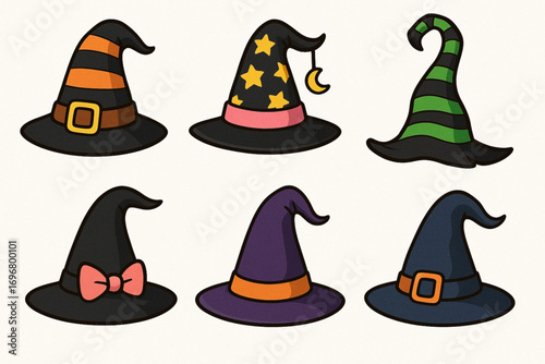 Cartoon Witch Hats Illustration with Halloween Designs