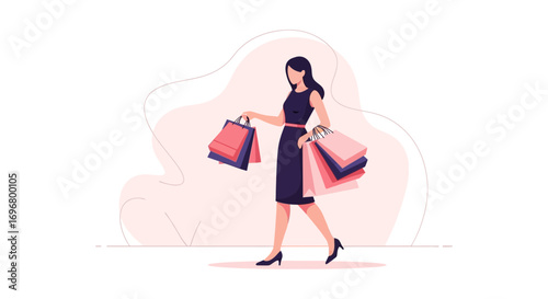 Woman Carrying Shopping Bags, Depicting Consumerism, Illustration Style, Colorful Design