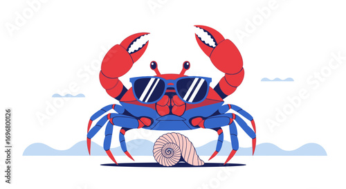 Stylish Crab Relaxing On The Beach With Sunglasses And A Seashell Enjoying Summer