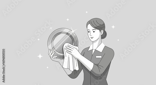 Woman Cleans Pristine Plate, Showing Meticulousness and Impeccable Cleanliness, Monochromatic