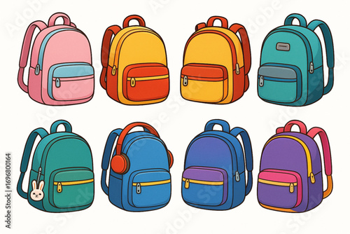 Cartoon Illustration of Colorful Backpacks with Unique Designs