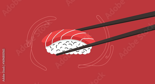 Stylish Japanese Food Presentation With Sushi And Elegant Chopsticks On A Red Background