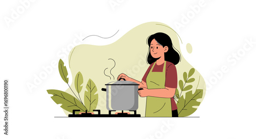 Woman Cooking And Preparing Food In The Kitchen Using A Pot, Vector Illustration
