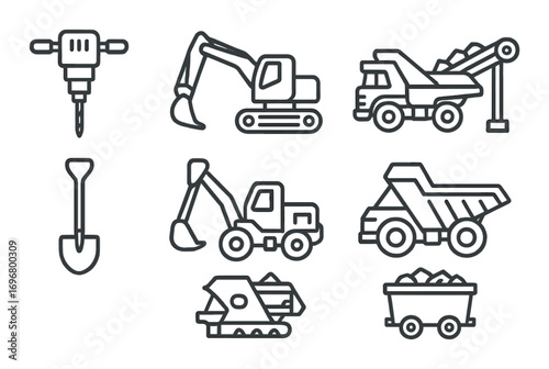 Grayscale construction equipment icons featuring drill, excavator, dump truck