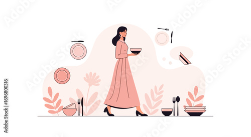 Stylish Woman in Gown Carrying a Bowl with Decorative Dinnerware Elements and Flourishes