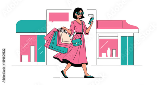 Stylish Woman Enjoys Shopping Spree with Bags and Smart Phone in a Vibrant City