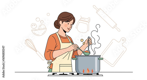 Woman Cooking in Kitchen, Preparing Meal in Pot, Culinary Illustration