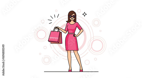 Stylish Woman in Pink Dress with Shopping Bags, Ready to Shop and Enjoy Herself