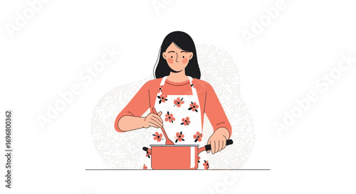 Woman Cooking In The Kitchen, Preparing Meals On A Stove For Dinner Time Illustration