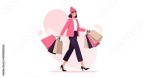 Stylish Woman in Pink Outfit Carrying Shopping Bags, Walking with Confidence and Gracefully
