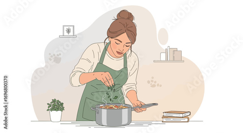 Woman Cooking Meal in Kitchen, Adding Herbs to the Dish Preparing Delicious Food