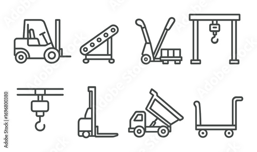 Industrial equipment icons: forklift, conveyor, pallet jack, crane, dump truck, cart