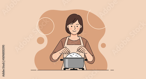 Woman Cooking Rice In The Kitchen With A Happy Smile Illustration And Design
