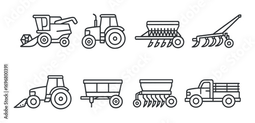 Silhouette icons of farming equipment on black background