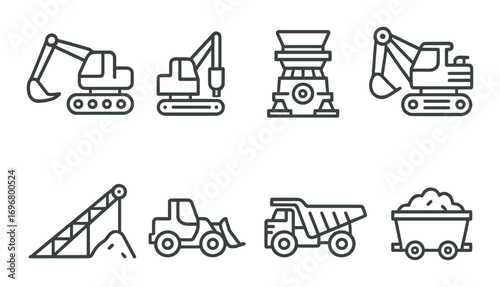 Construction machinery icons on dark background