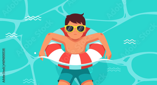Summer Relaxation: A Young Person Floats Happily in Water, Wearing Sunglasses and a Ring