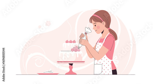 Woman Decorating A Delicious Cake With Creamy Floral Designs For A Celebration