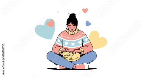 Woman Cuddling Cat With Loving Hearts, Creating Emotional Connection.