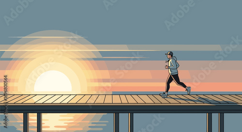 Sunrise Run: A Silhouette Jog Across Wooden Bridge Under A Beautiful Sunset Scenery