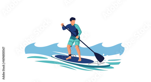 Sup Surfing Illustration Of A Man Paddling On Calm Water, Stand Up Paddleboarding