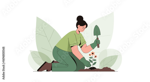 Woman Cultivating Blooming Flowers In The Ground And Creating Colorful Garden Outdoors